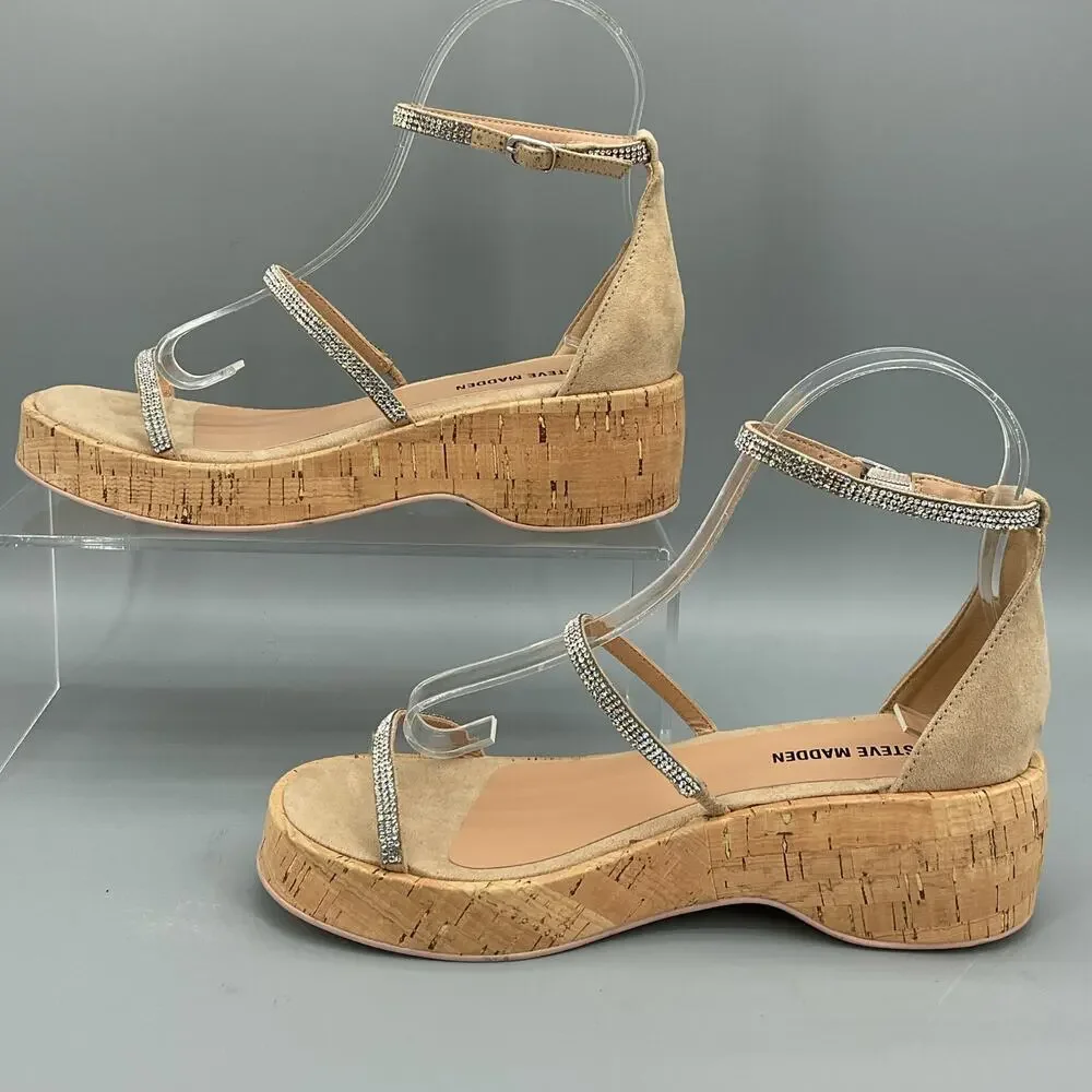 NEW Steve Madden Girls Varia Rhinestone Wedge Sandals Beige Size 4